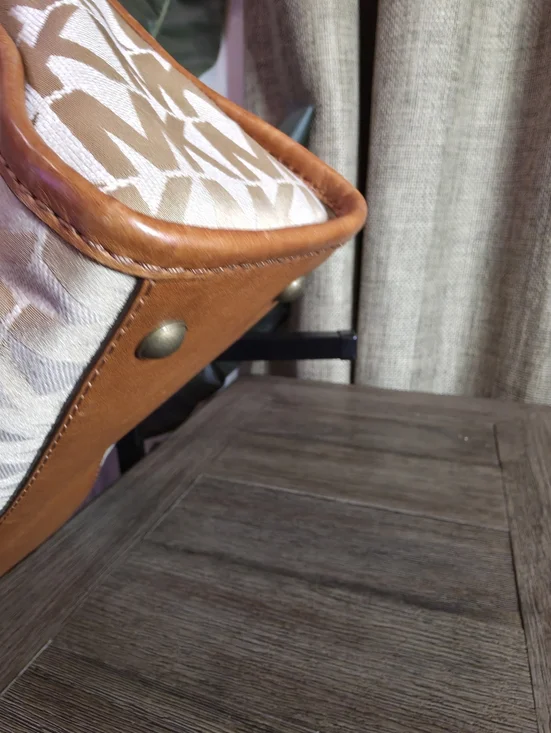 Michael Kors Beige Signature Logo Satchel with Brown Leather Trim - Picture 10 of 13